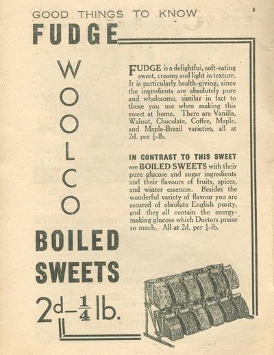 An advertisement for Woolworths' range of boiled sweets, which were sold under the Woolco label in the 1930s. Click to open a larger copy of the picture in a new window.