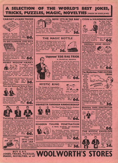 Magic tricks were a smash hit at Woolworths, and suited the firm's low ticket price of sixpence in the 1930s perfectly. Click for a larger, readable copy in a new window.