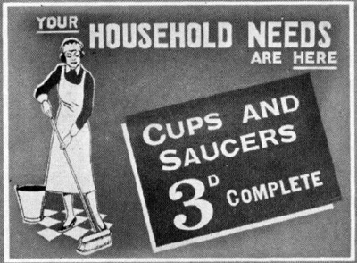 A cup and saucer for sixpence at Woolworths. The ticket is typical of many of its day painting a vivid picture of Thirties life. Click for a larger copy in a new window.