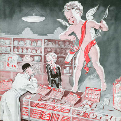 St Valentine's Day at Woolies was the highlight of the year for many a Sales Assistant. This picture was drawn by a colleague for the firm's Staff Magazine, 'The New Bond', in 1936.  Click for a larger copy in a new window.