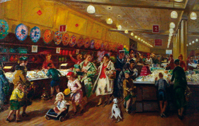 'Woolworth: A portrait in oils', commissioned by the company in 1931,  captures the atmosphere of the stores vividly. Note the colleagues in their maroon uniforms, the wide aisles and the wooden floor, brightly polished with 'Felspar', which had a very distinct smell of beeswax and paraffin! Click for a larger version of this magnificent picture, courtesy of WoolworthsReunited.com