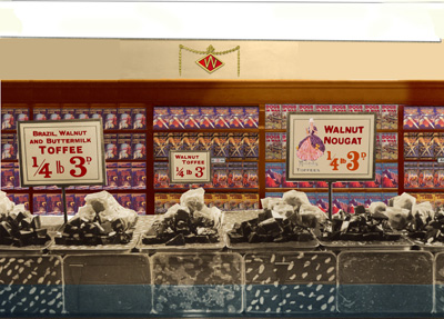 The pic'n'mix sweet counter at F. W. Woolworth & Co. Ltd. glistened with shiny wrappings in the 1930s. Assistants were on hand to help customers to choose.  Click for a larger copy of the picture in a new window.